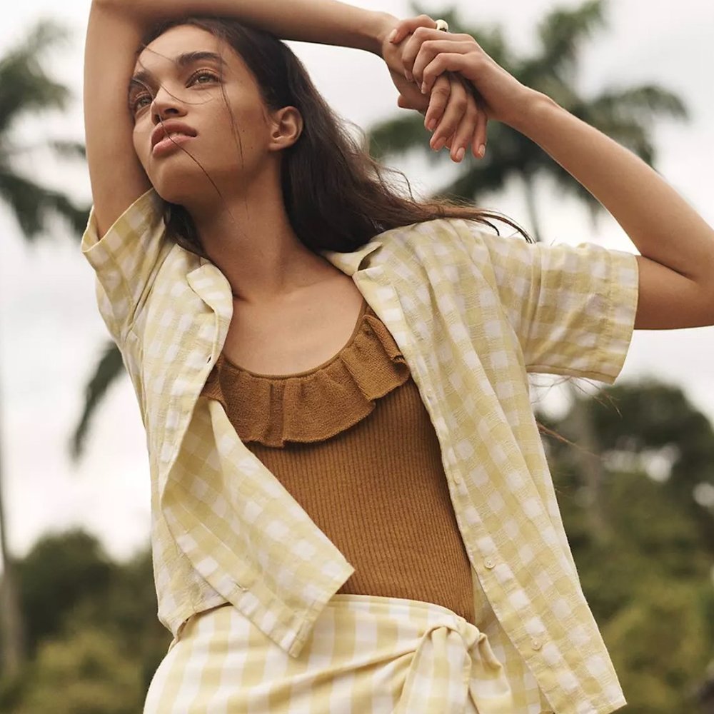 Madewell Cotton-Linen Boxy Camp Shirt in Gingham Check
